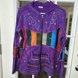India Boutique Zip-Up Hoodie Size XL Patchwork Boho Festival
